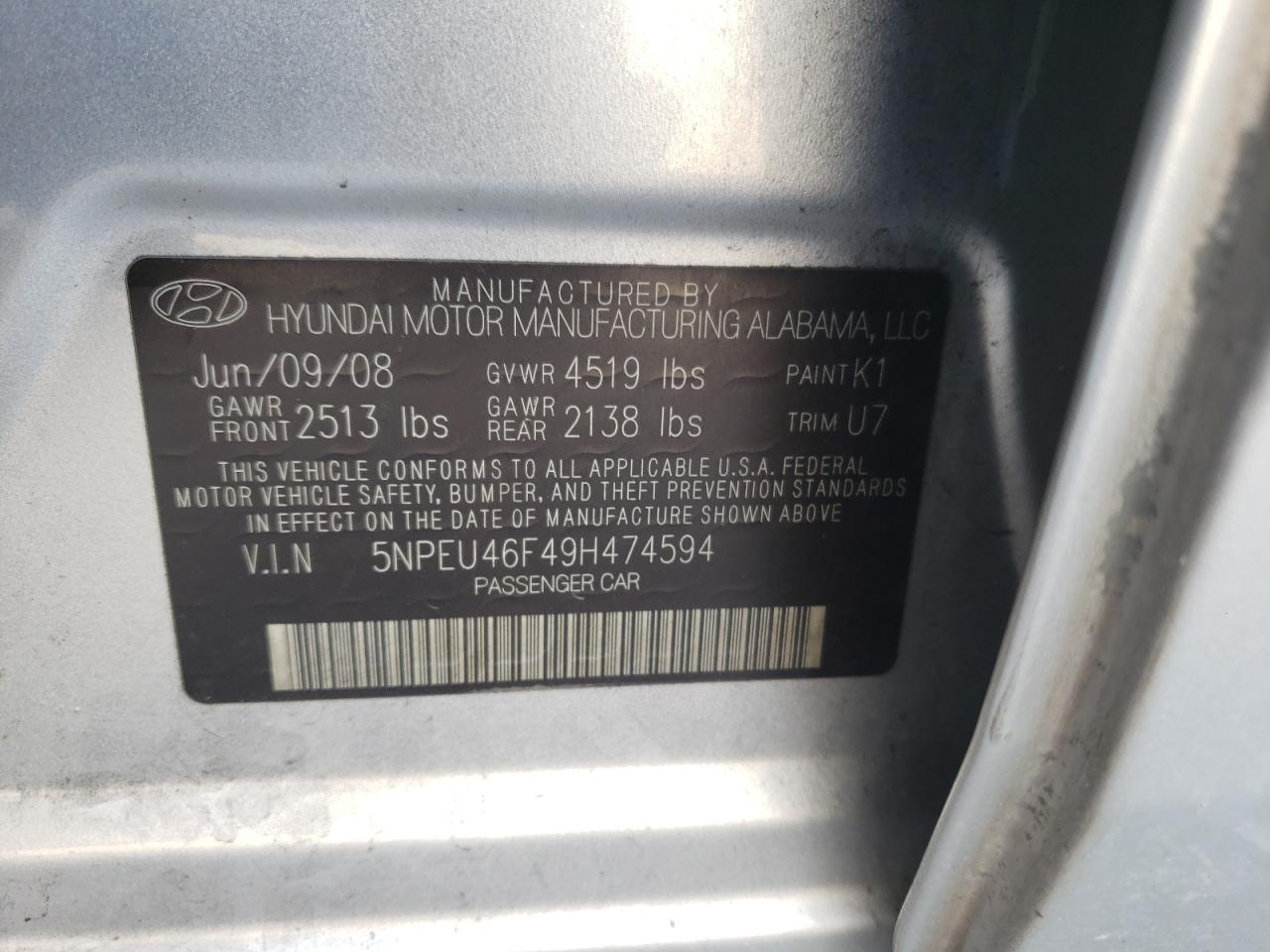 Photo 10 from auction – 2009 HYUNDAI SONATA SE with VIN 5NPEU46F49H474594