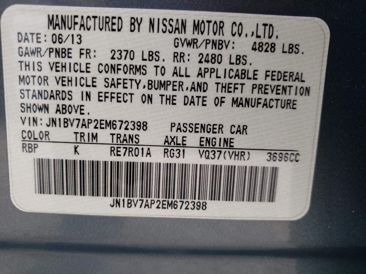 Photo 10 from auction – 2014 INFINITI Q50 BASE/P with VIN JN1BV7AP2EM672398