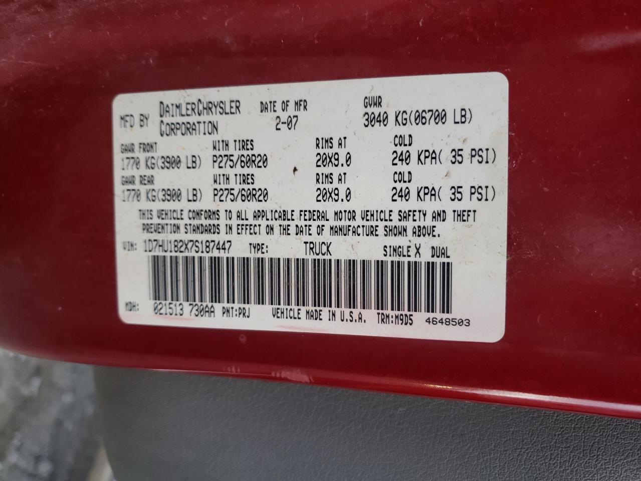 Photo 10 from auction – 2007 DODGE RAM 1500 S with VIN 1D7HU182X7S187447
