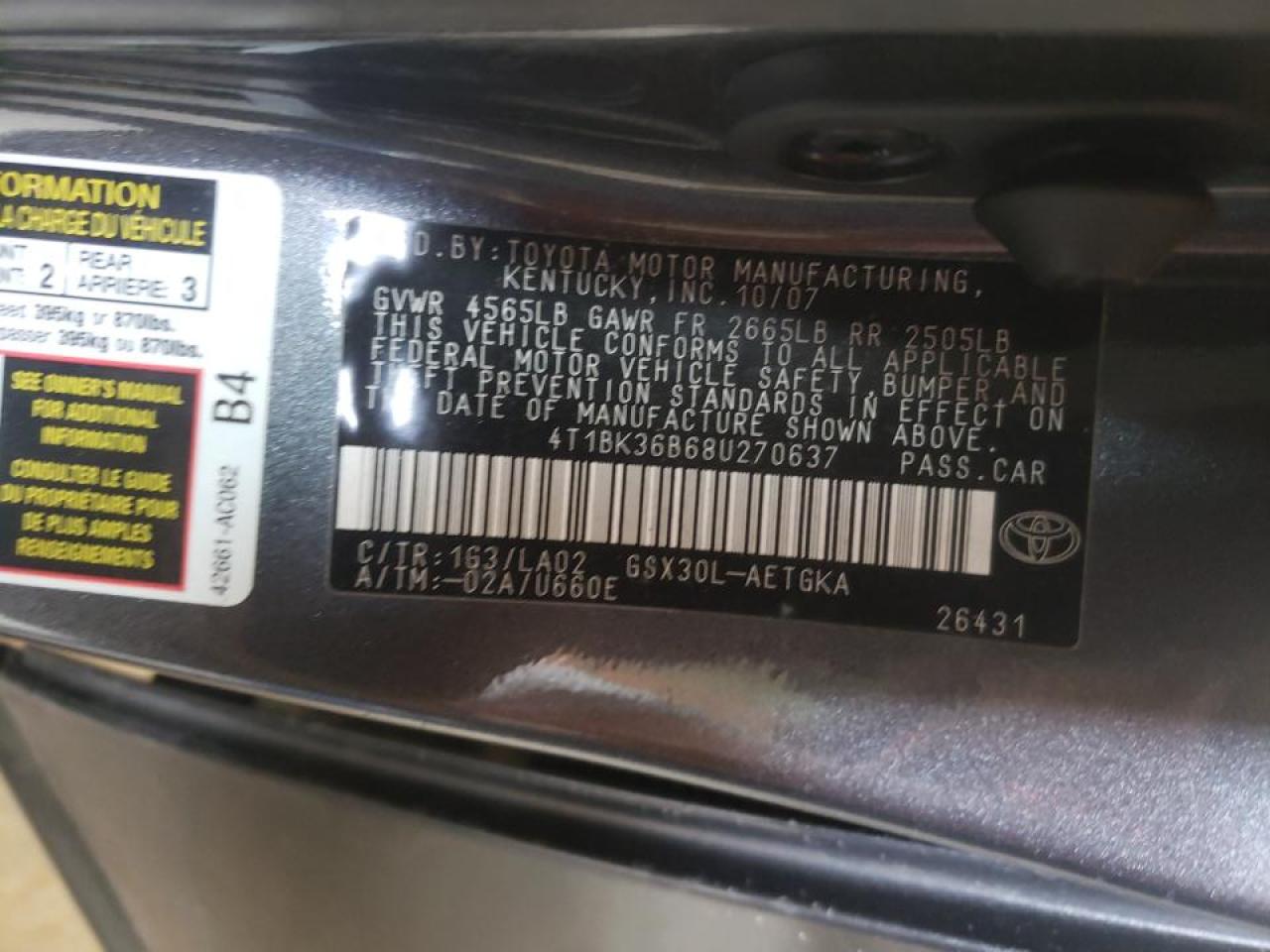 Photo 10 from auction – 2008 TOYOTA AVALON with VIN 4T1BK36B68U270637