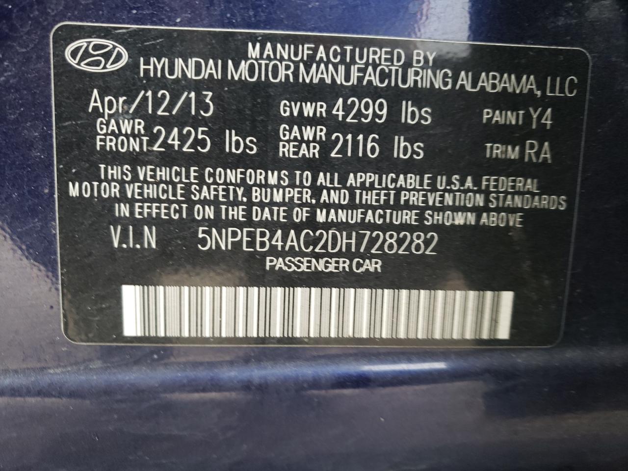 Photo 10 from auction – 2013 HYUNDAI SONATA GLS with VIN 5NPEB4AC2DH728282