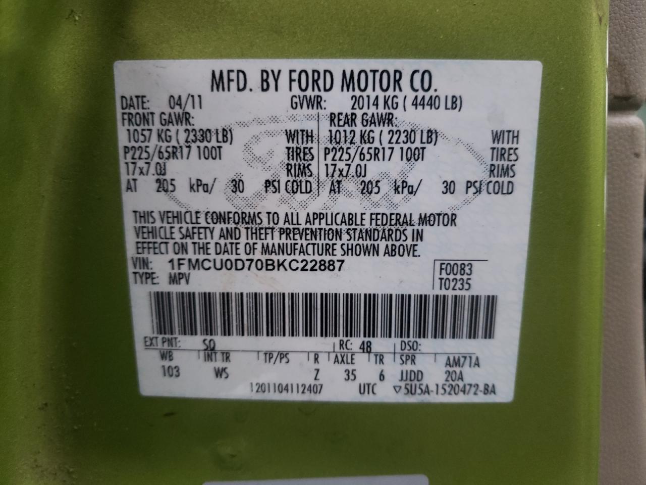 Photo 10 from auction – 2011 FORD ESCAPE XLT with VIN 1FMCU0D70BKC22887
