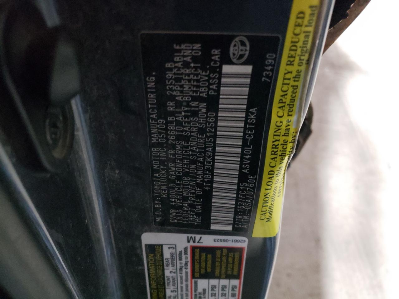 Photo 10 from auction – 2010 TOYOTA CAMRY BASE with VIN 4T1BF3EK9AU512560