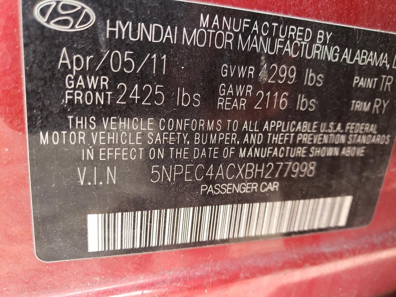 Photo 10 from auction – 2011 HYUNDAI SONATA SE with VIN 5NPEC4ACXBH277998