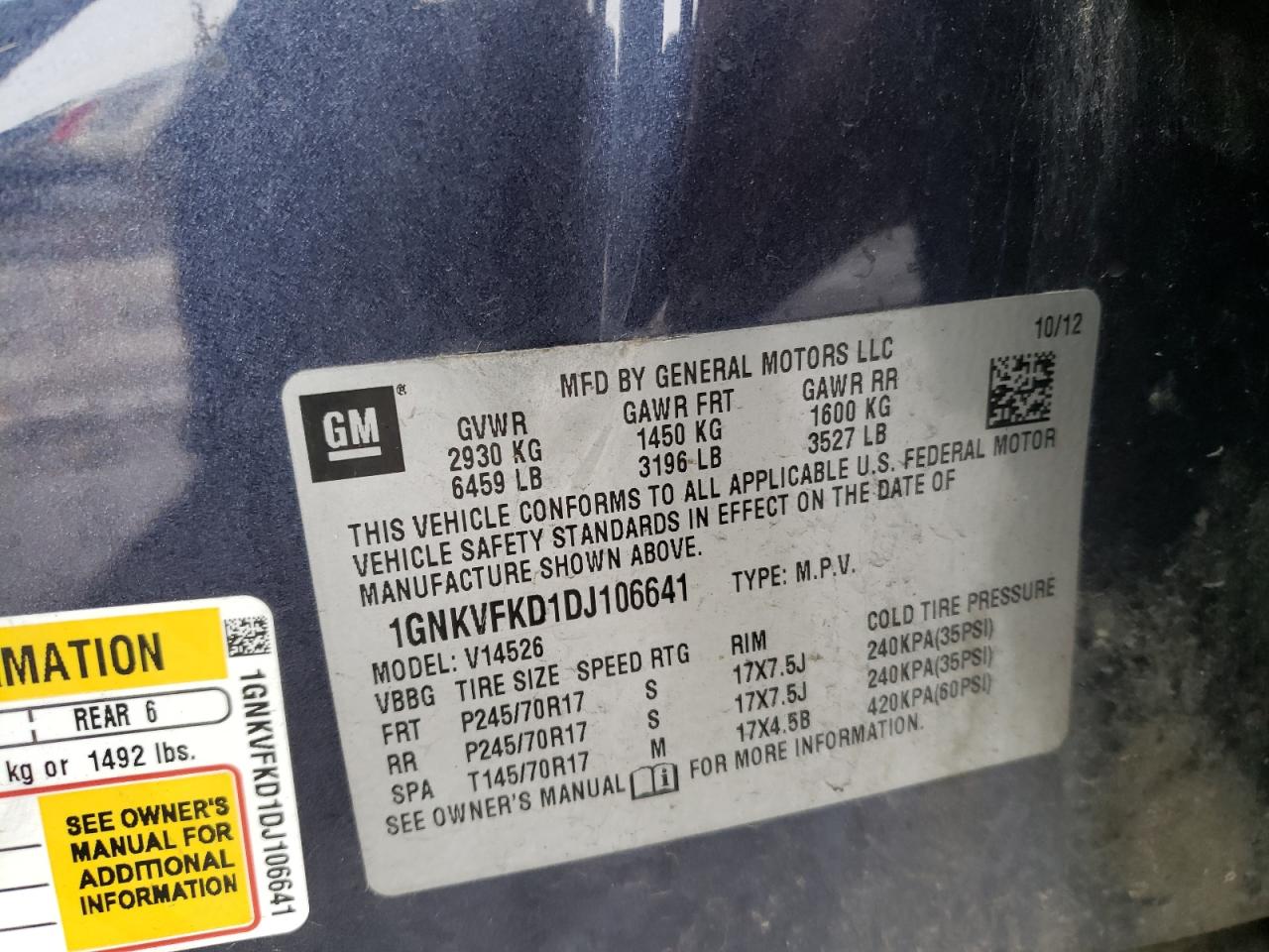 Photo 10 from auction – 2013 CHEVROLET TRAVERSE L with VIN 1GNKVFKD1DJ106641