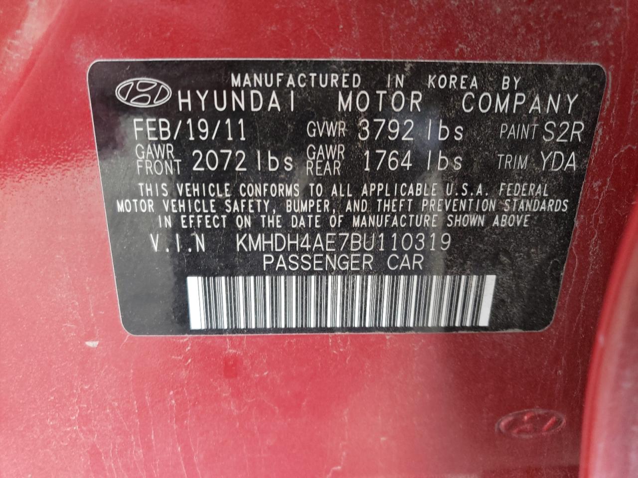 Photo 10 from auction – 2011 HYUNDAI ELANTRA GL with VIN KMHDH4AE7BU110319