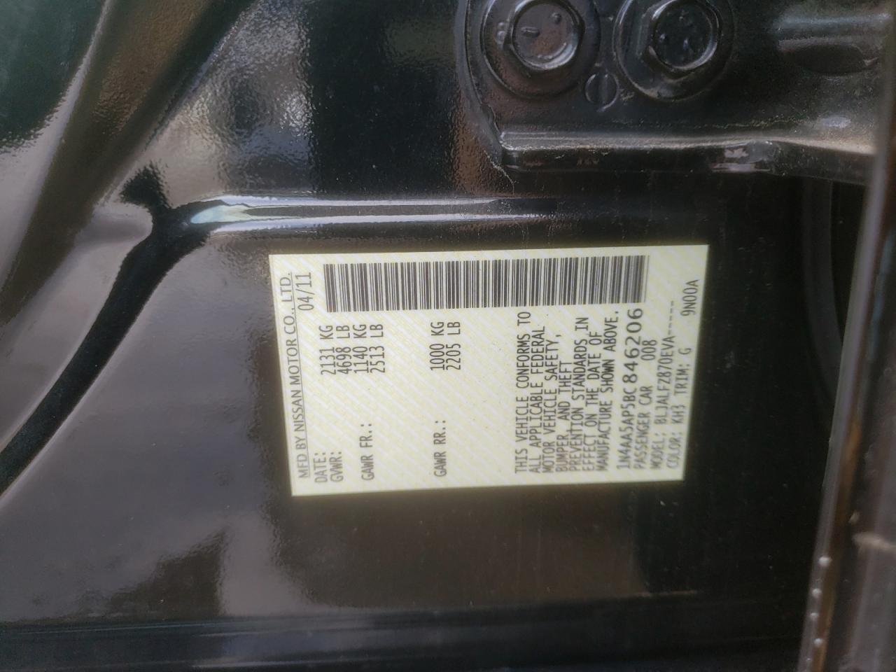 Photo 10 from auction – 2011 NISSAN MAXIMA S with VIN 1N4AA5AP5BC846206