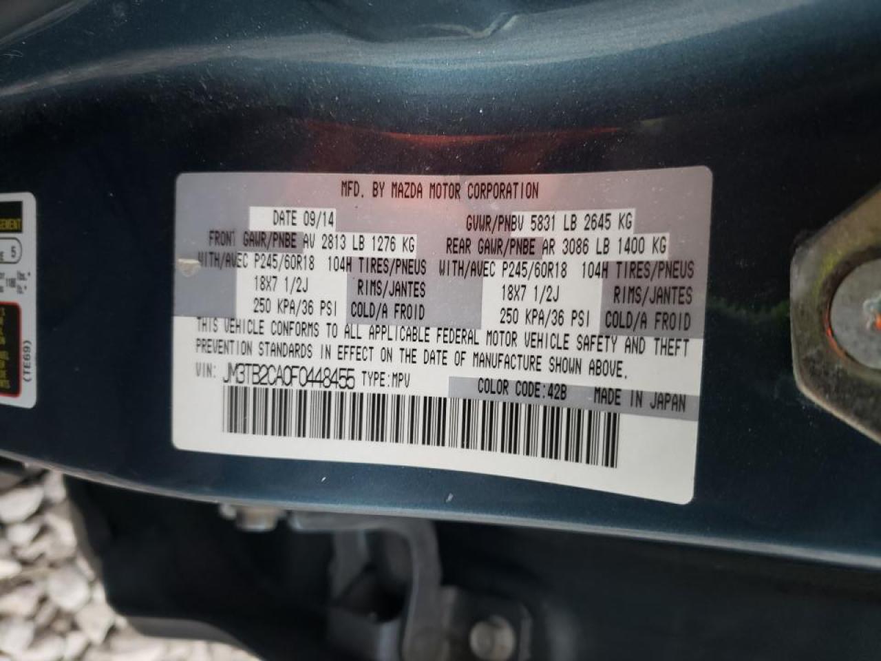 Photo 10 from auction – 2015 MAZDA CX-9 TOURI with VIN JM3TB2CA0F0448455