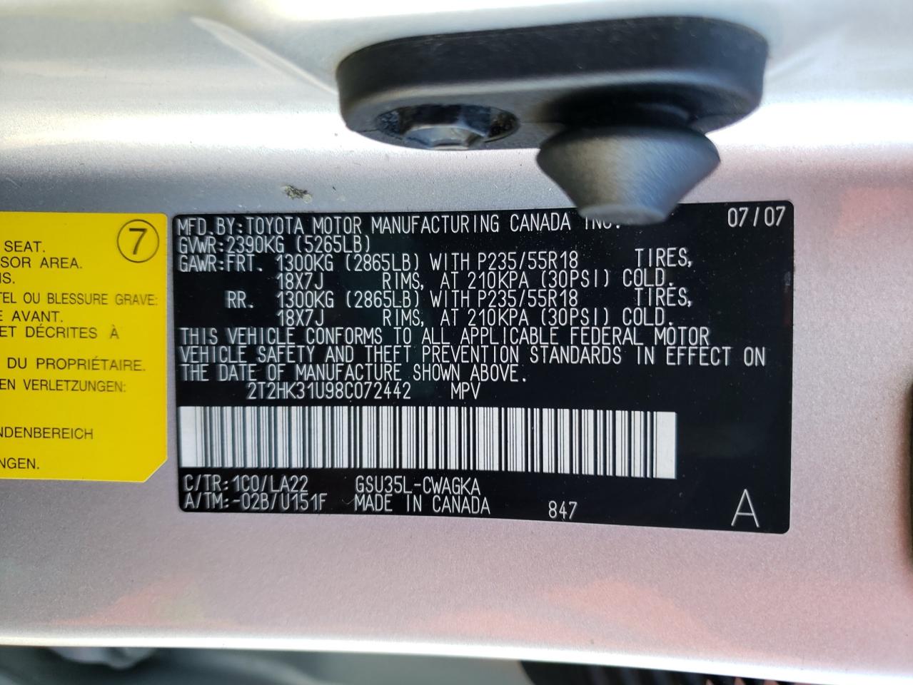 Photo 10 from auction – 2008 LEXUS RX 350 with VIN 2T2HK31U98C072442