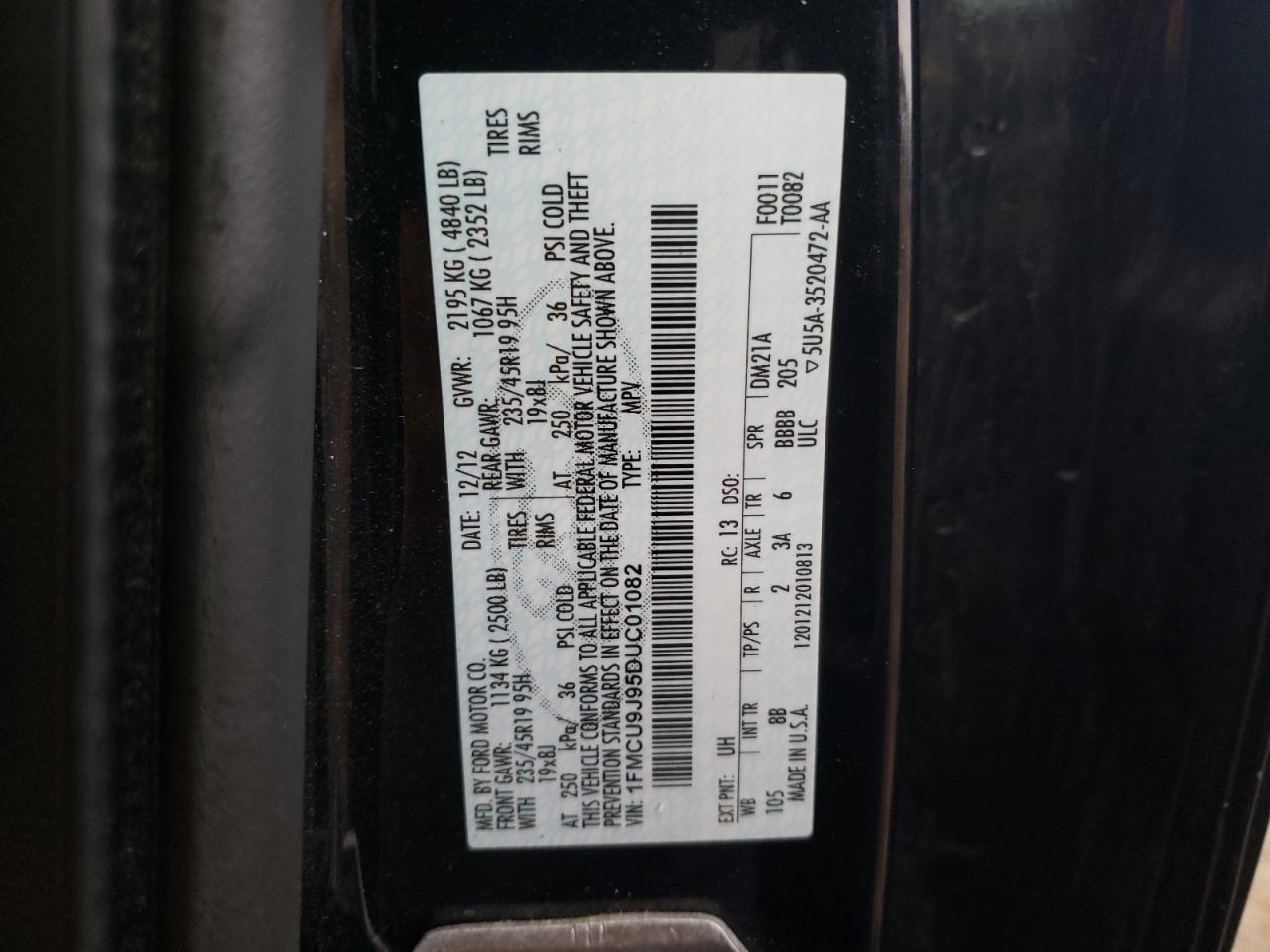 Photo 10 from auction – 2013 FORD ESCAPE TIT with VIN 1FMCU9J95DUC01082