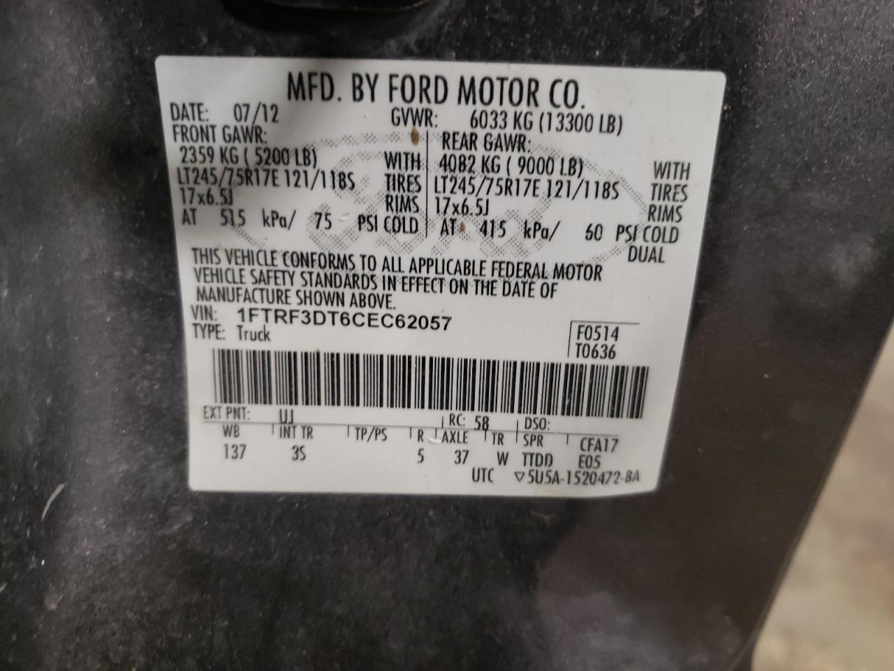 Photo 10 from auction – 2012 FORD F350 SUPER with VIN 1FTRF3DT6CEC62057