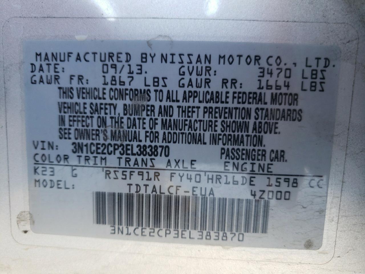 Photo 10 from auction – 2014 NISSAN VERSA NOTE with VIN 3N1CE2CP3EL383870