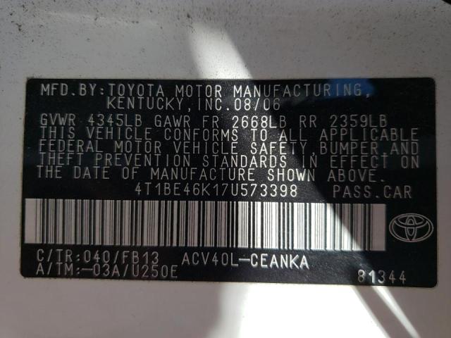 Photo 10 from auction – 2007 TOYOTA CAMRY CE with VIN 4T1BE46K17U573398