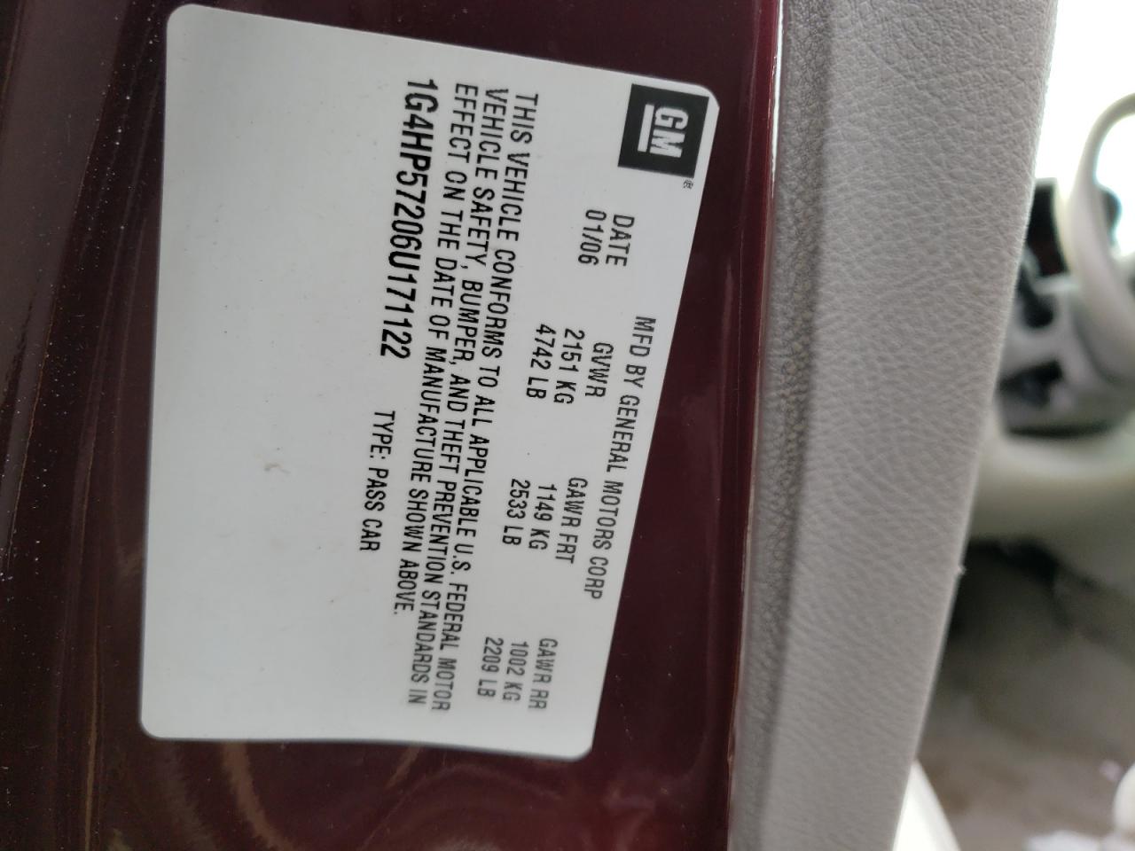 Photo 10 from auction – 2006 BUICK LUCERNE CX with VIN 1G4HP57206U171122