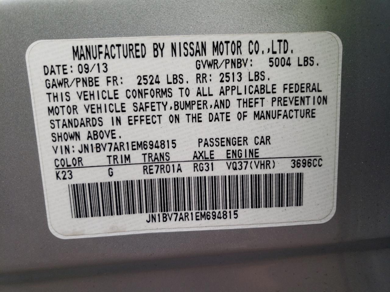 Photo 10 from auction – 2014 INFINITI Q50 BASE with VIN JN1BV7AR1EM694815