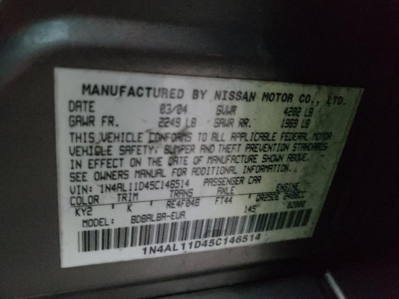 Photo 10 from auction – 2005 NISSAN ALTIMA S with VIN 1N4AL11D45C146514