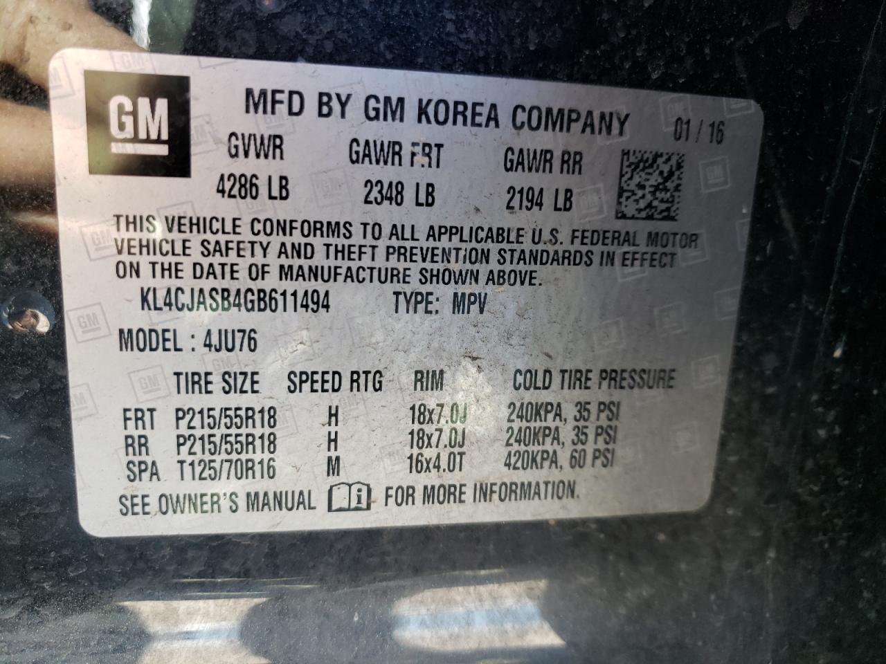 Photo 10 from auction – 2016 BUICK ENCORE with VIN KL4CJASB4GB611494
