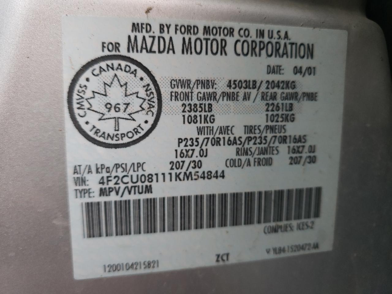 Photo 10 from auction – 2001 MAZDA TRIBUTE LX with VIN 4F2CU08111KM54844