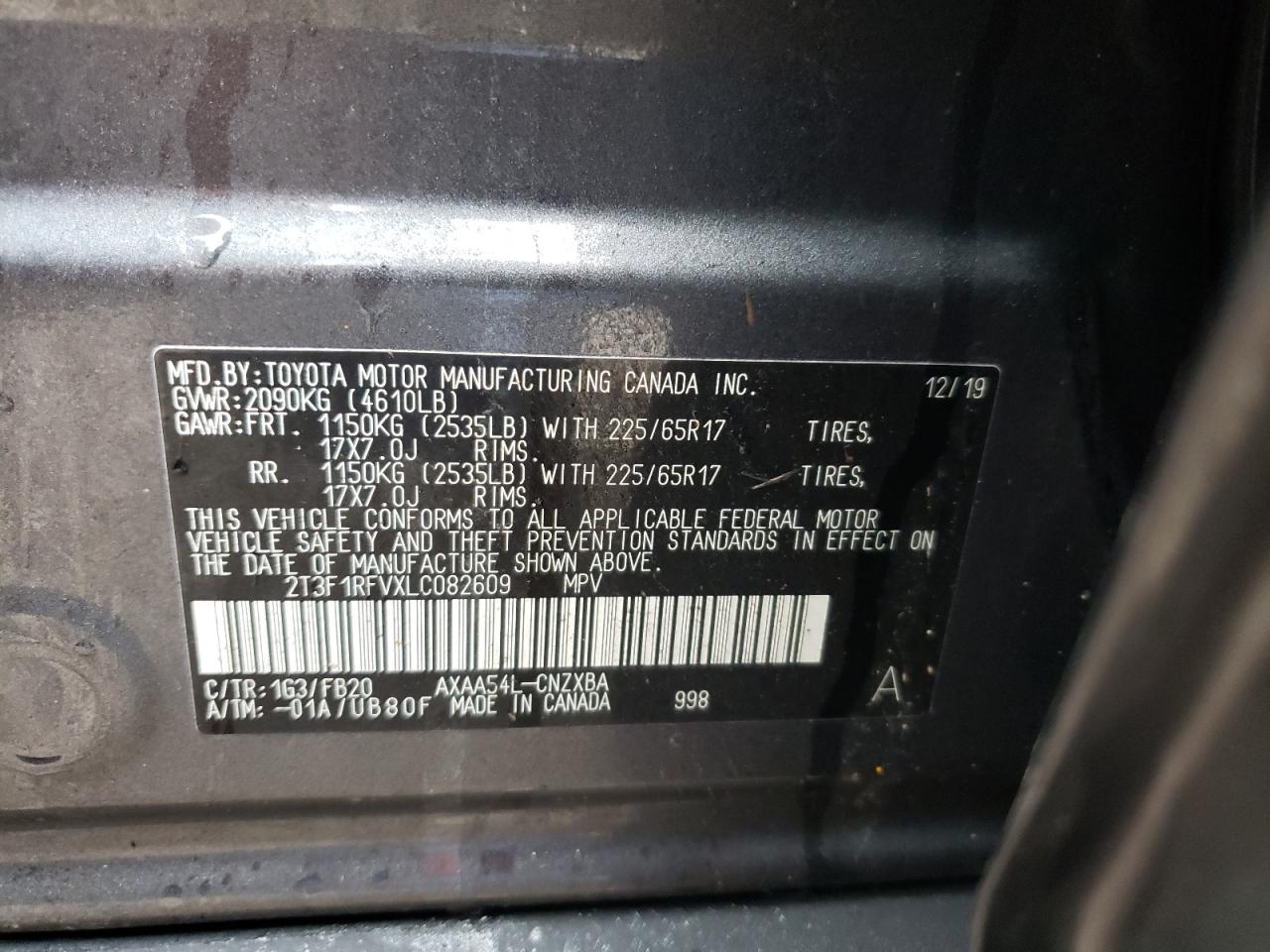 Photo 10 from auction – 2020 TOYOTA RAV4 LE with VIN 2T3F1RFVXLC082609