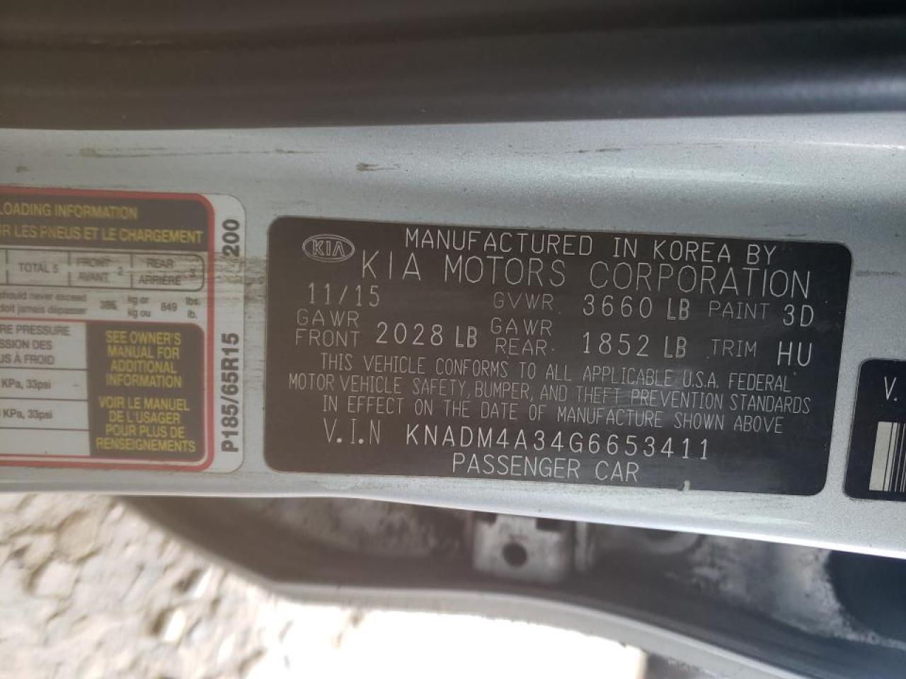 Photo 10 from auction – 2016 KIA RIO LX with VIN KNADM4A34G6653411