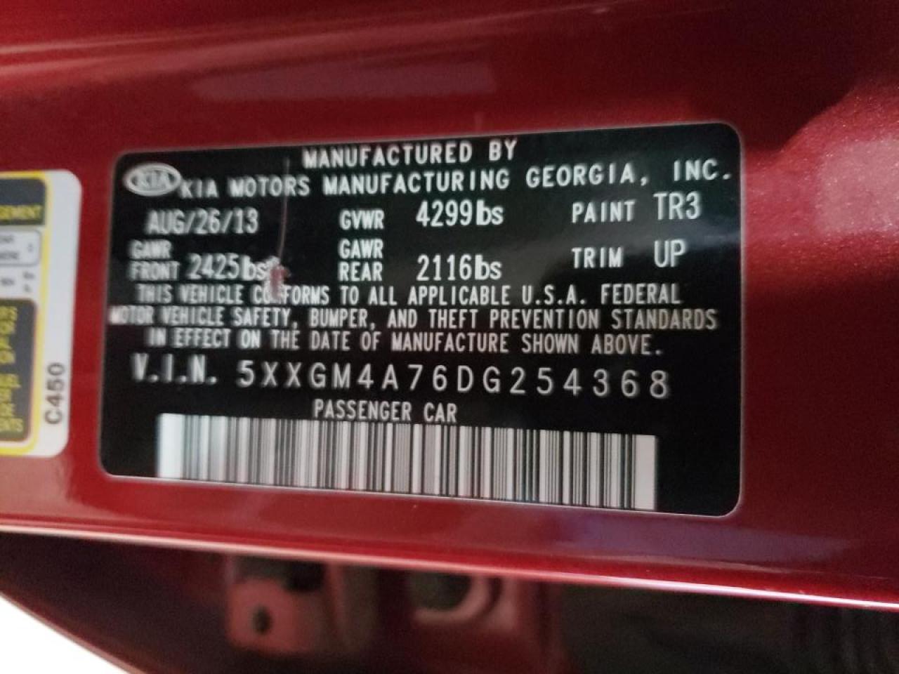 Photo 10 from auction – 2013 KIA OPTIMA LX with VIN 5XXGM4A76DG254368