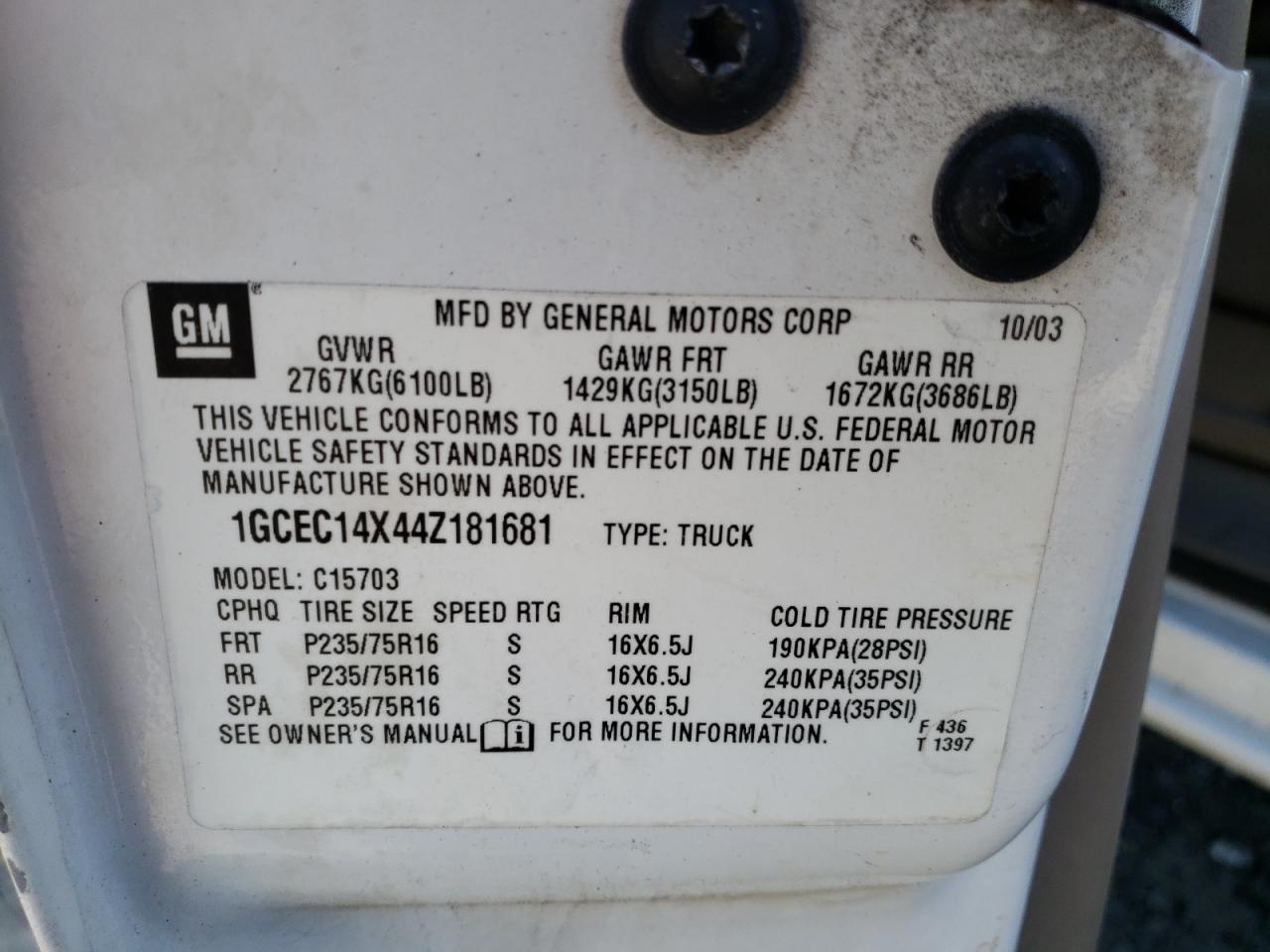 Photo 10 from auction – 2004 CHEVROLET SILVERADO with VIN 1GCEC14X44Z181681
