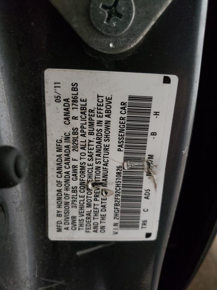 Photo 10 from auction – 2012 HONDA CIVIC EXL with VIN 2HGFB2F92CH510826