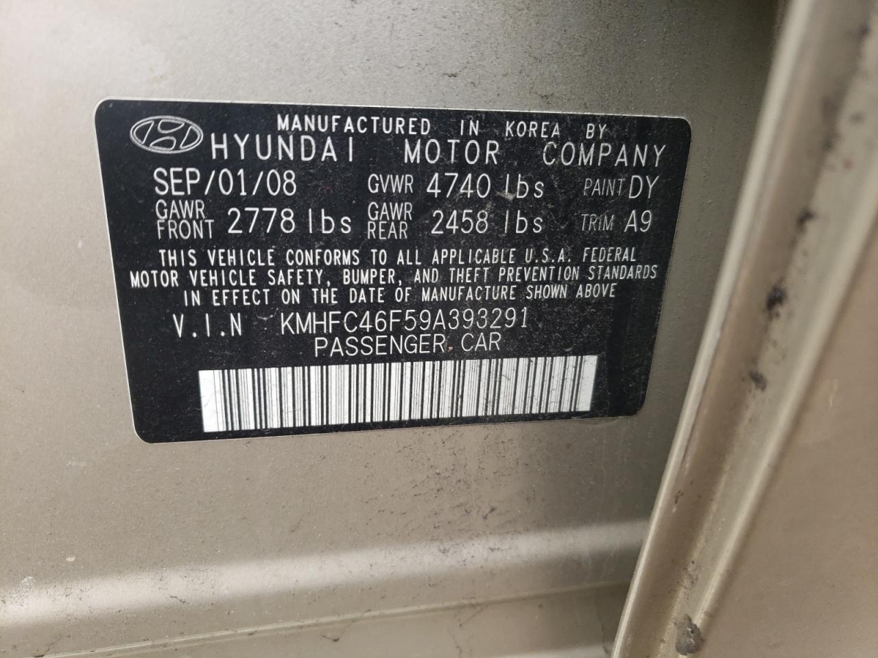 Photo 10 from auction – 2009 HYUNDAI AZERA SE with VIN KMHFC46F59A393291