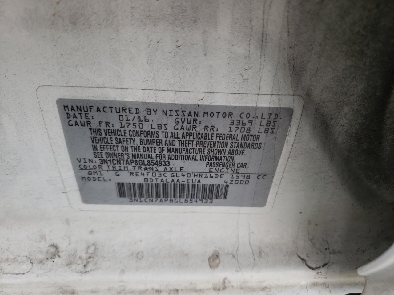 Photo 10 from auction – 2016 NISSAN VERSA S with VIN 3N1CN7AP8GL854933