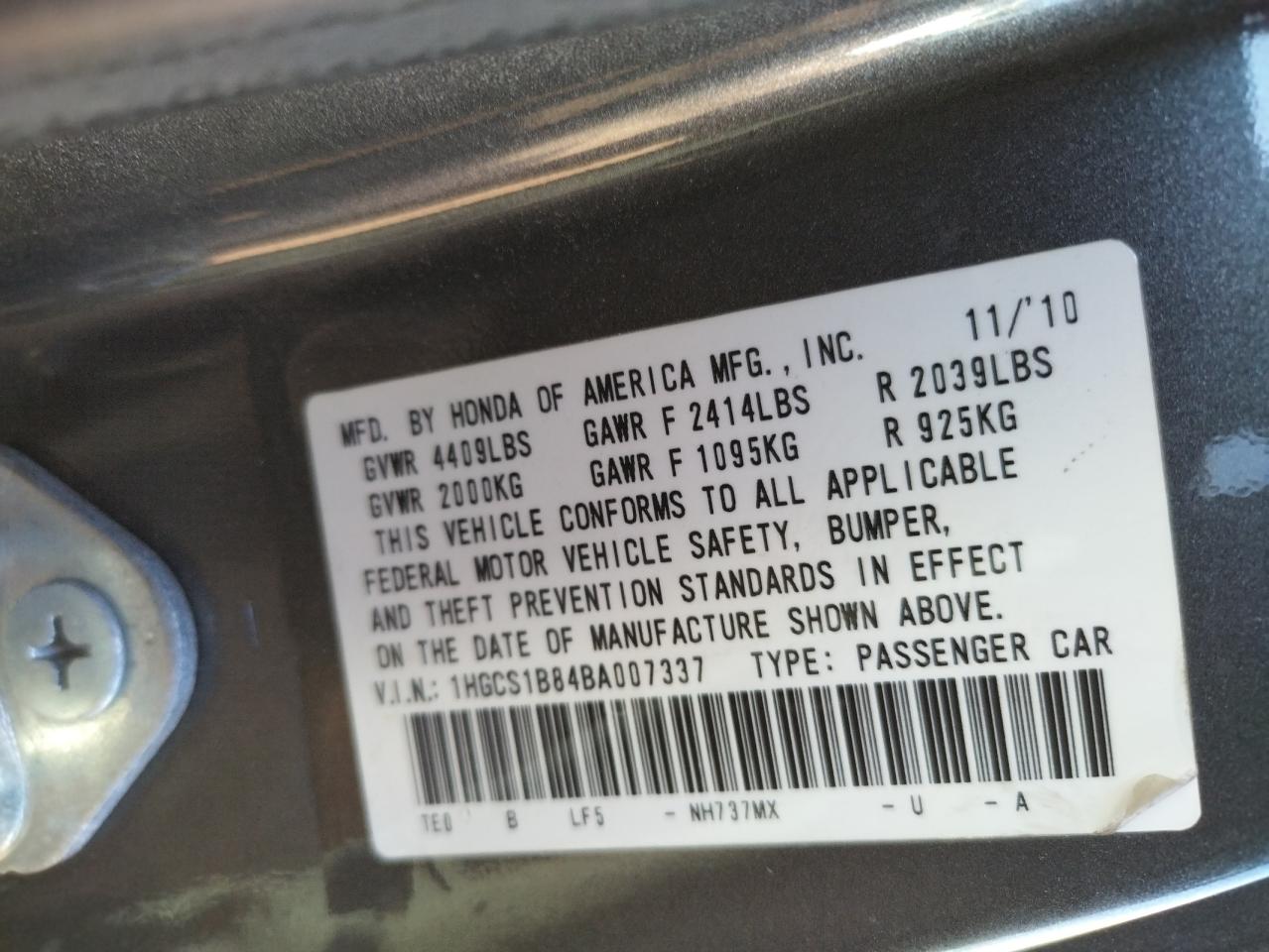 Photo 10 from auction – 2011 HONDA ACCORD EXL with VIN 1HGCS1B84BA007337