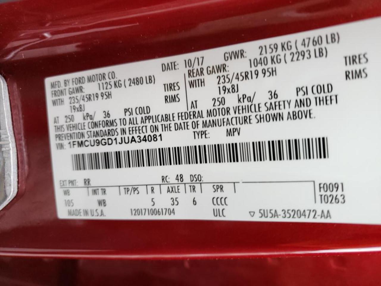 Photo 10 from auction – 2018 FORD ESCAPE SE with VIN 1FMCU9GD1JUA34081