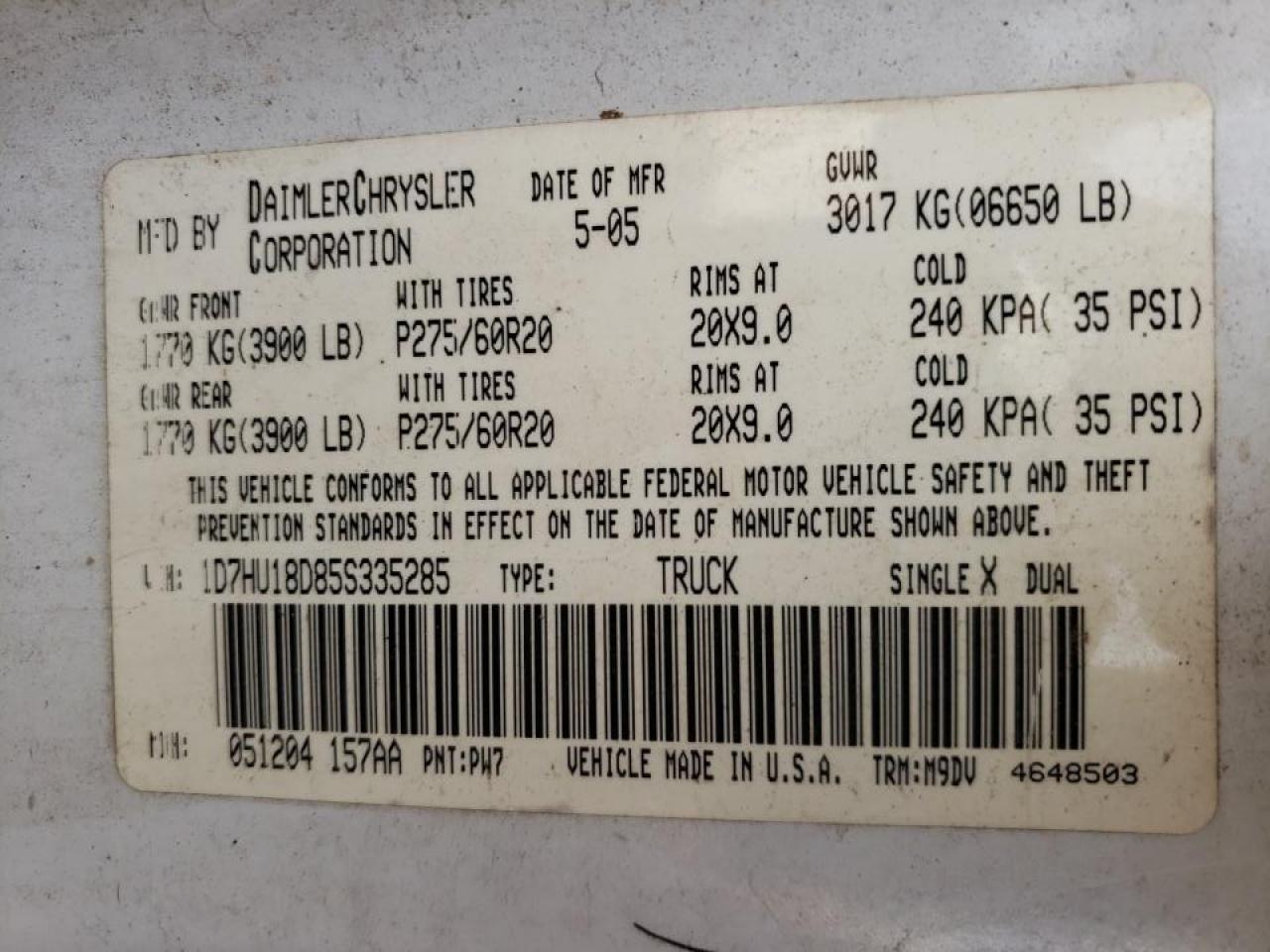 Photo 10 from auction – 2005 DODGE RAM 1500 S with VIN 1D7HU18D85S335285