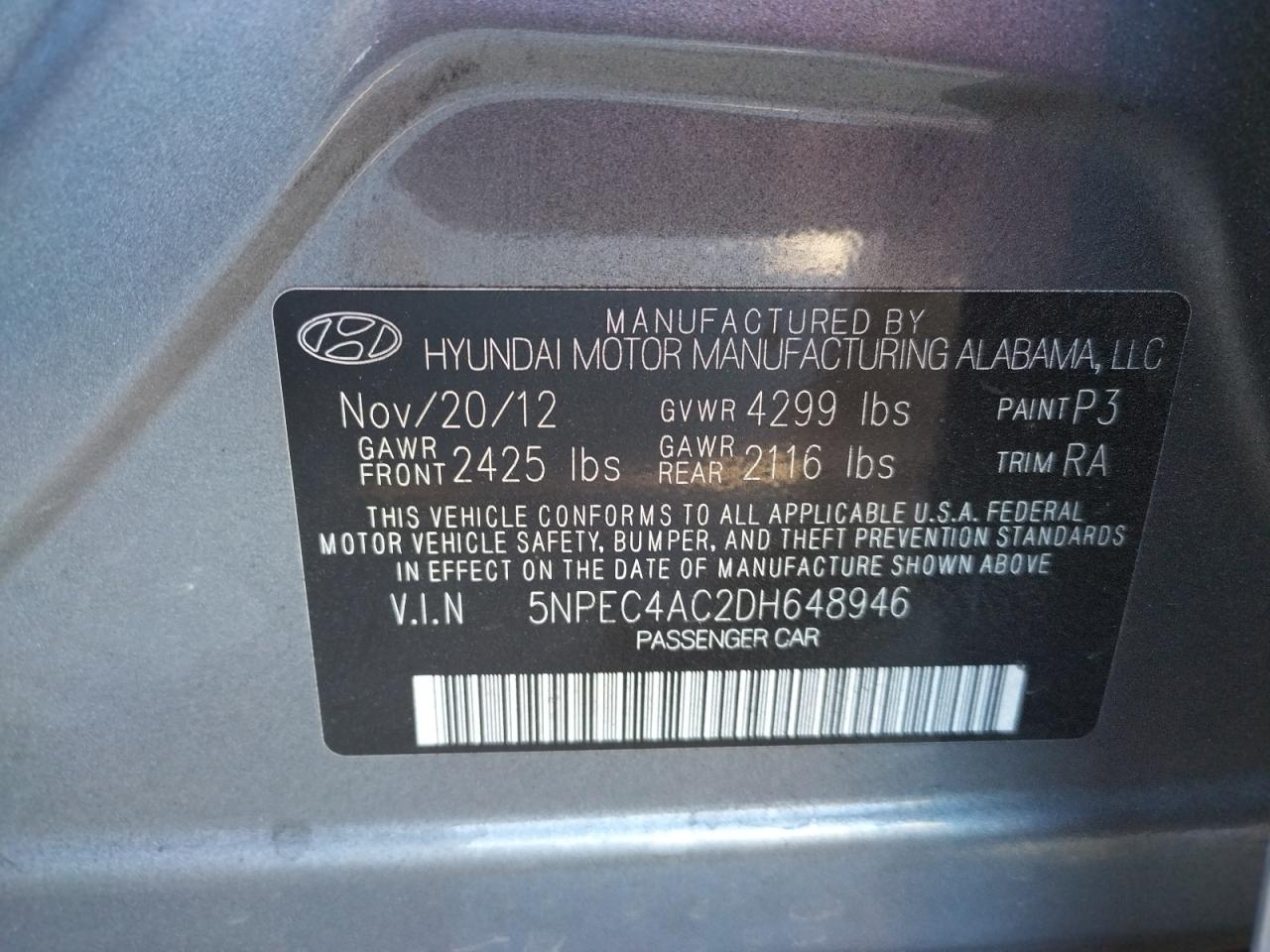 Photo 10 from auction – 2013 HYUNDAI SONATA SE with VIN 5NPEC4AC2DH648946