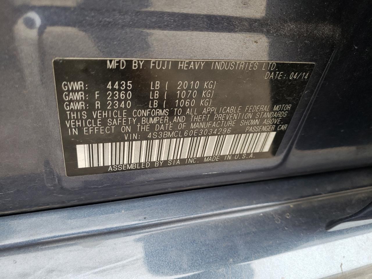 Photo 10 from auction – 2014 SUBARU LEGACY 2.5 with VIN 4S3BMCL60E3034296