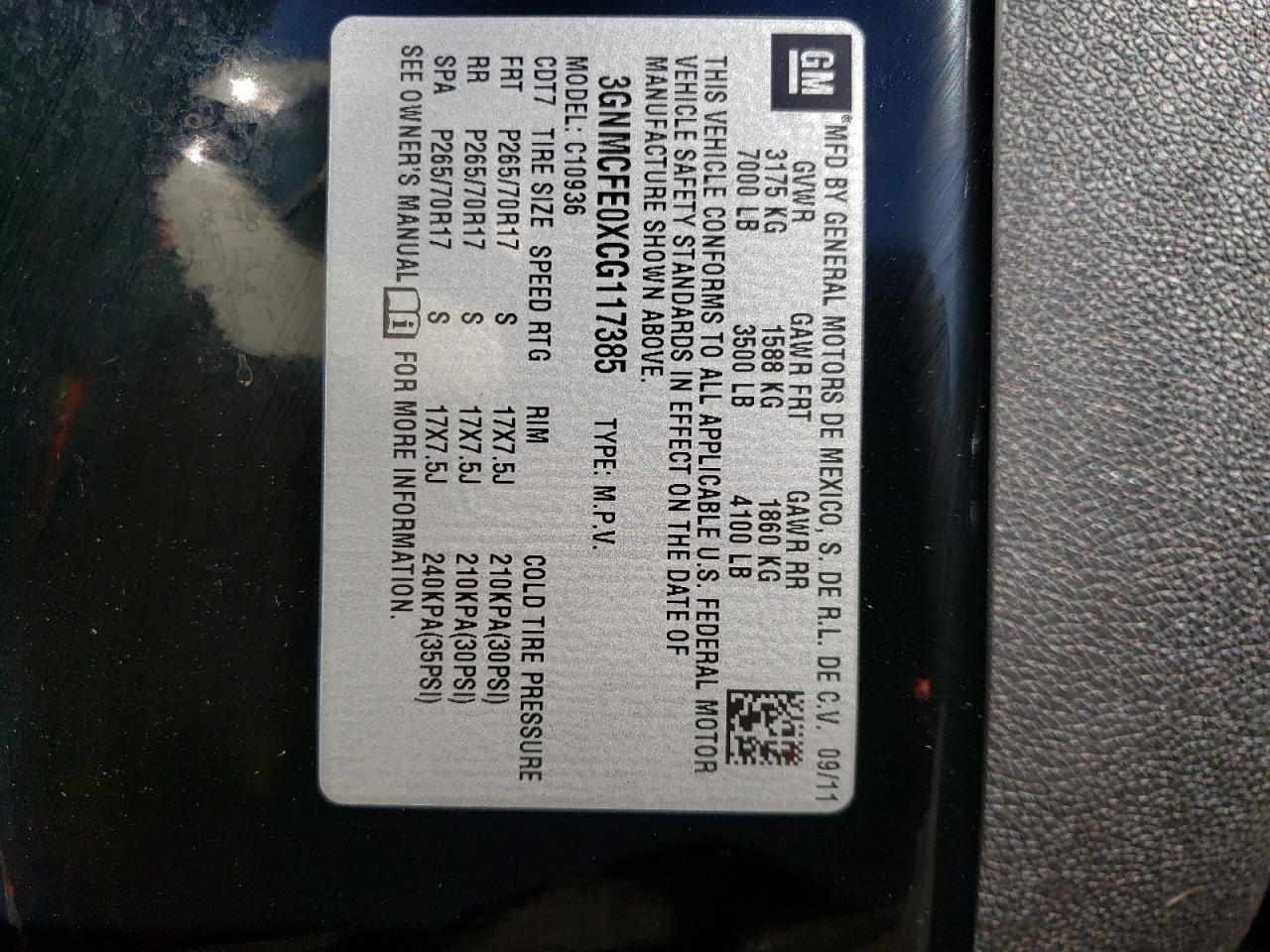 Photo 10 from auction – 2012 CHEVROLET AVALANCHE with VIN 3GNMCFE0XCG117385