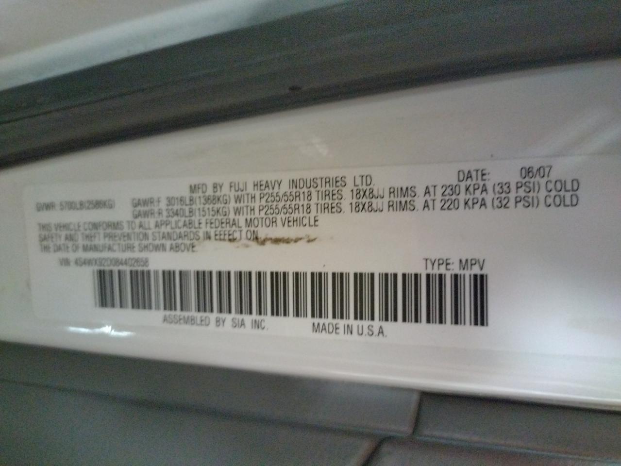 Photo 10 from auction – 2008 SUBARU TRIBECA LI with VIN 4S4WX92D084402658