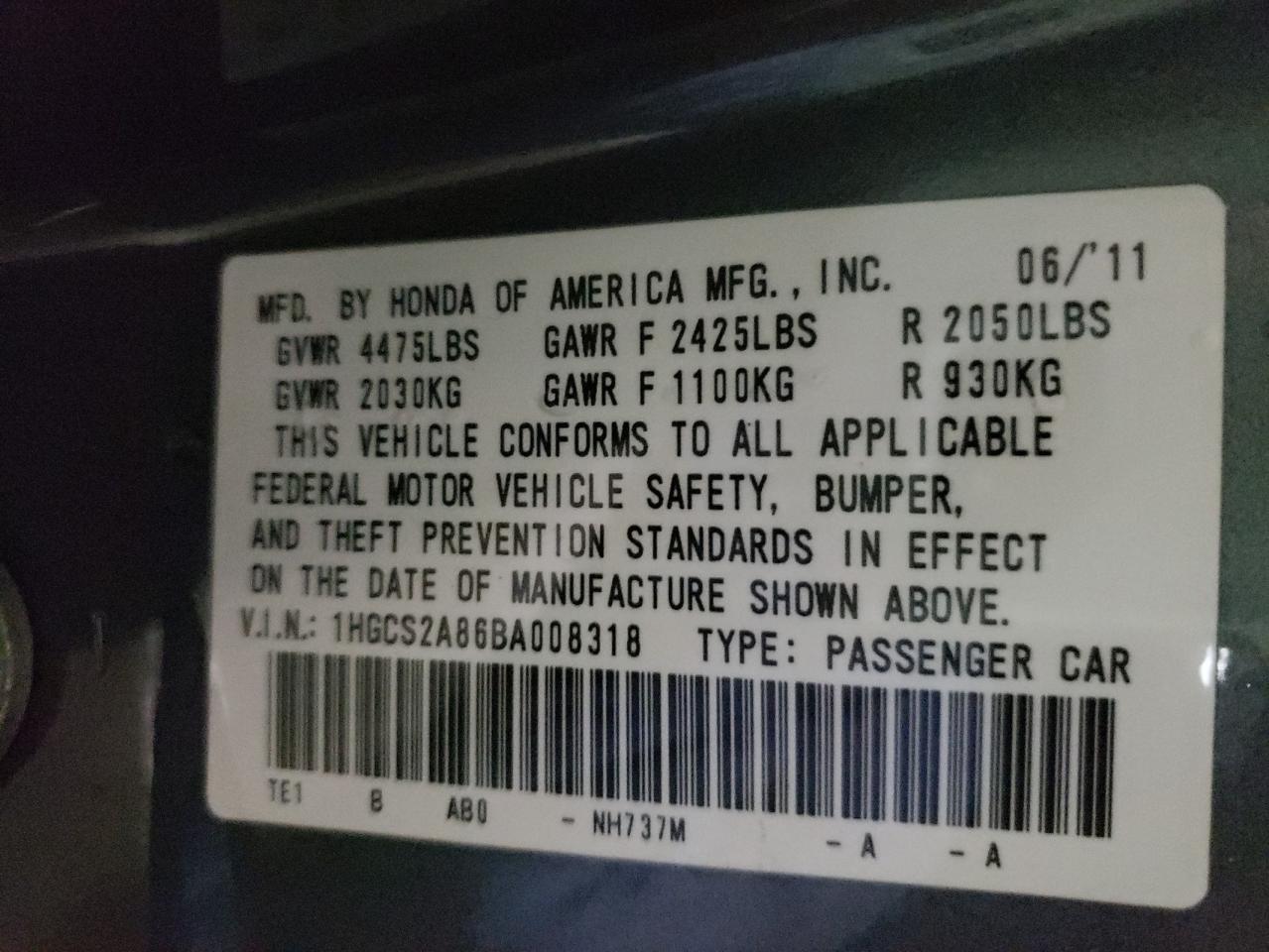 Photo 10 from auction – 2011 HONDA ACCORD EXL with VIN 1HGCS2A86BA008318
