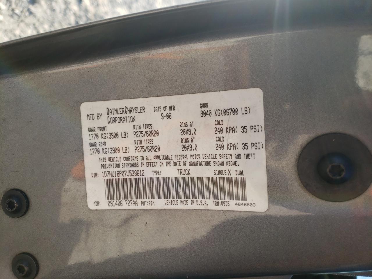 Photo 10 from auction – 2007 DODGE RAM 1500 S with VIN 1D7HU18P07J538612