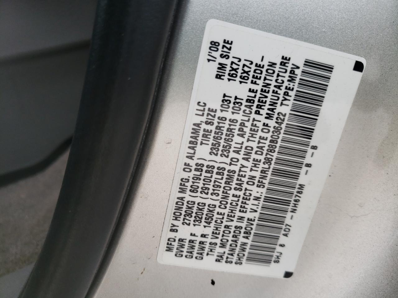 Photo 10 from auction – 2008 HONDA ODYSSEY EX with VIN 5FNRL38788B036422