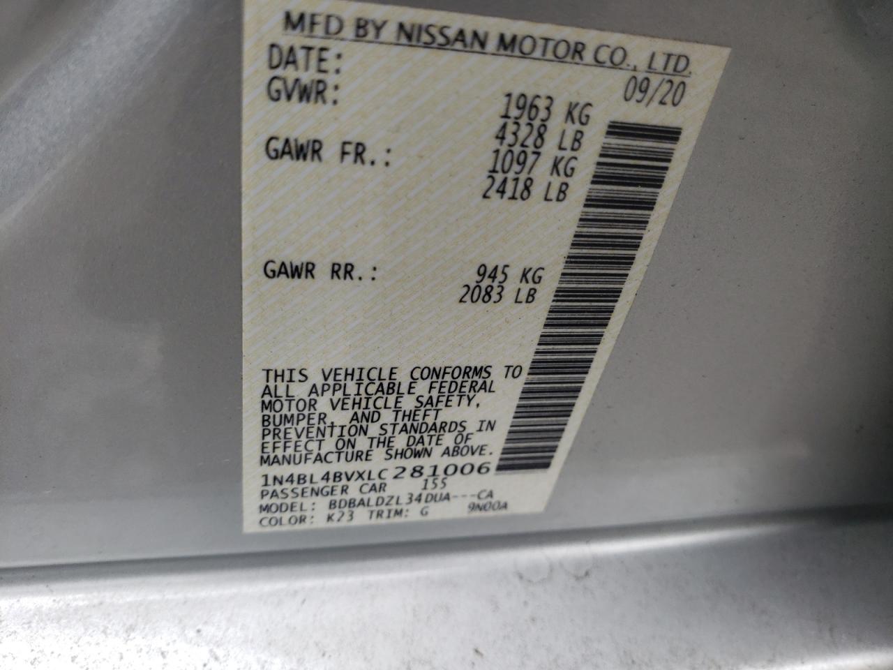Photo 10 from auction – 2020 NISSAN ALTIMA S with VIN 1N4BL4BVXLC281006