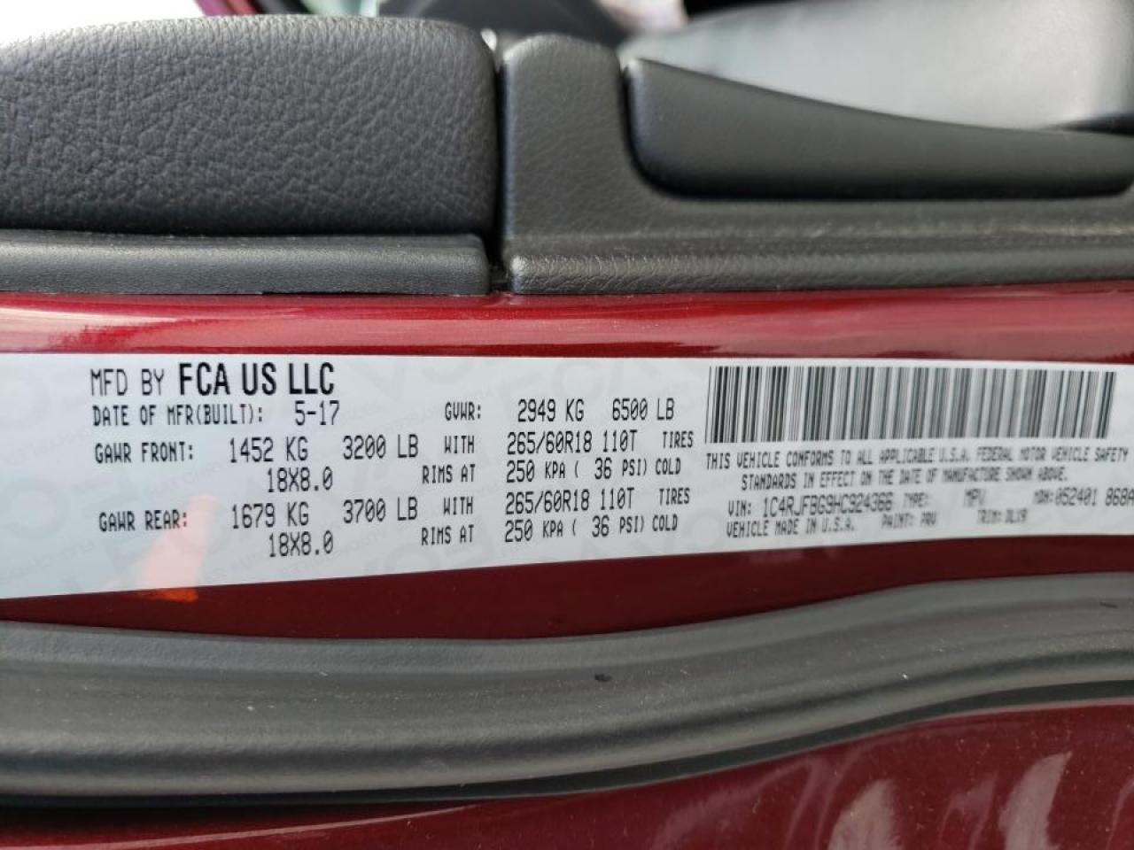 Photo 10 from auction – 2017 JEEP GRAND CHER with VIN 1C4RJFBG9HC924366