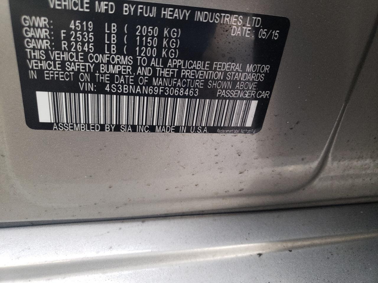 Photo 10 from auction – 2015 SUBARU LEGACY 2.5 with VIN 4S3BNAN69F3068463