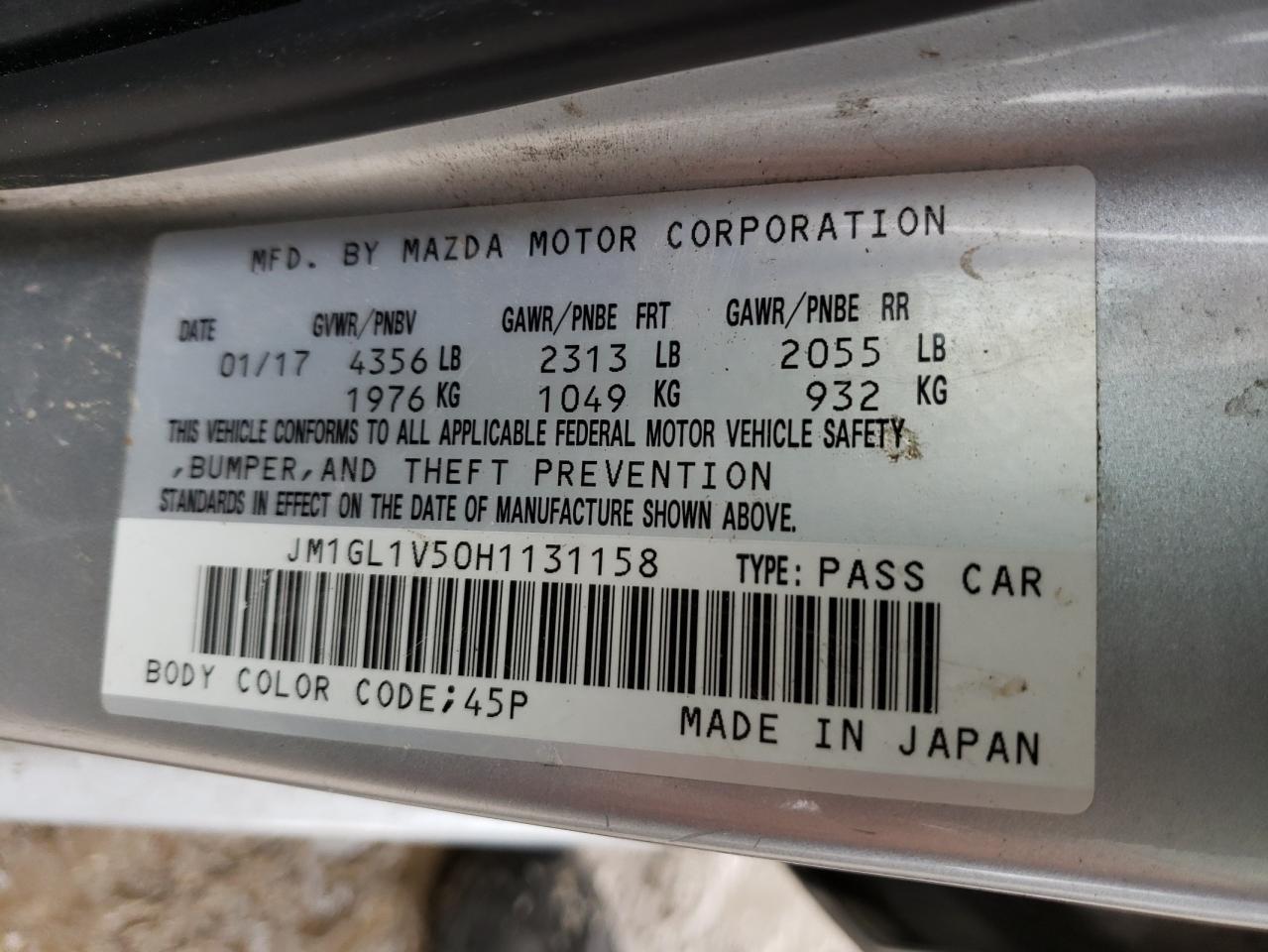 Photo 10 from auction – 2017 MAZDA 6 TOURING with VIN JM1GL1V50H1131158