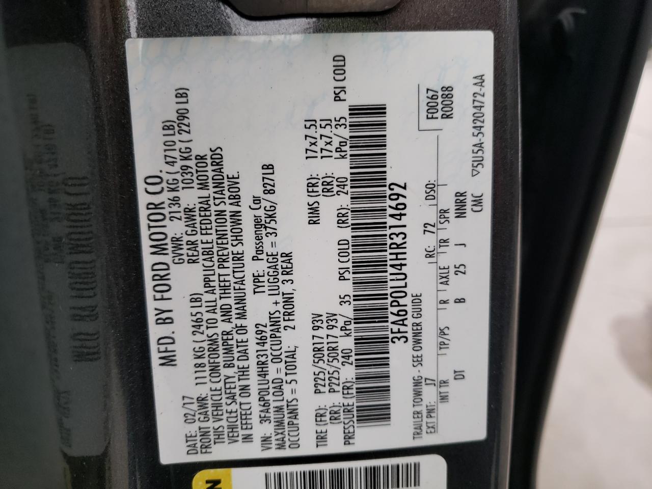 Photo 10 from auction – 2017 FORD FUSION SE with VIN 3FA6P0LU4HR314692