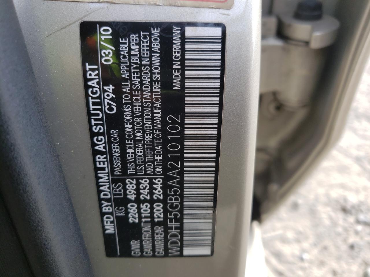 Photo 10 from auction – 2010 MERCEDES-BENZ E 350 with VIN WDDHF5GB5AA210102