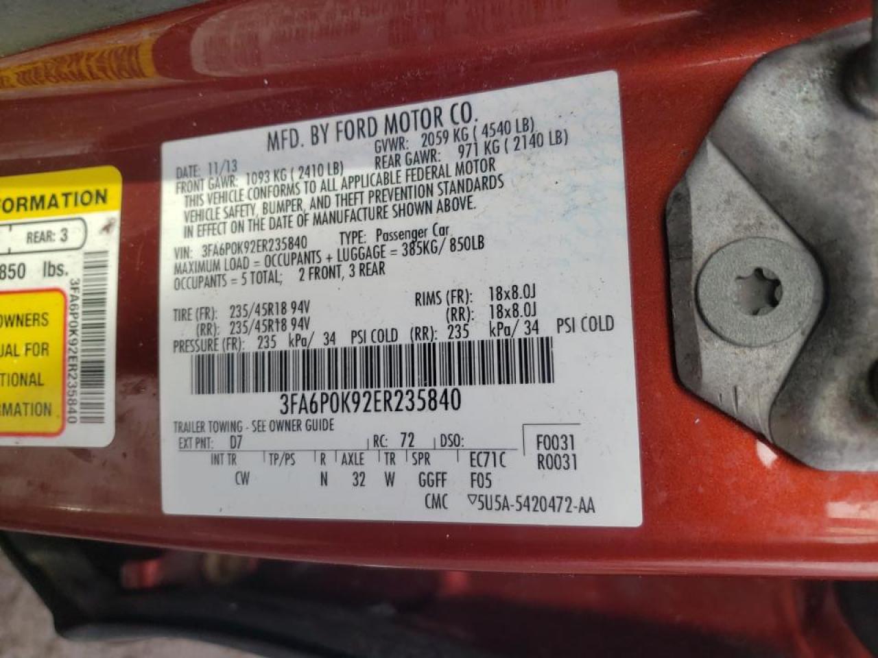 Photo 10 from auction – 2014 FORD FUSION TIT with VIN 3FA6P0K92ER235840
