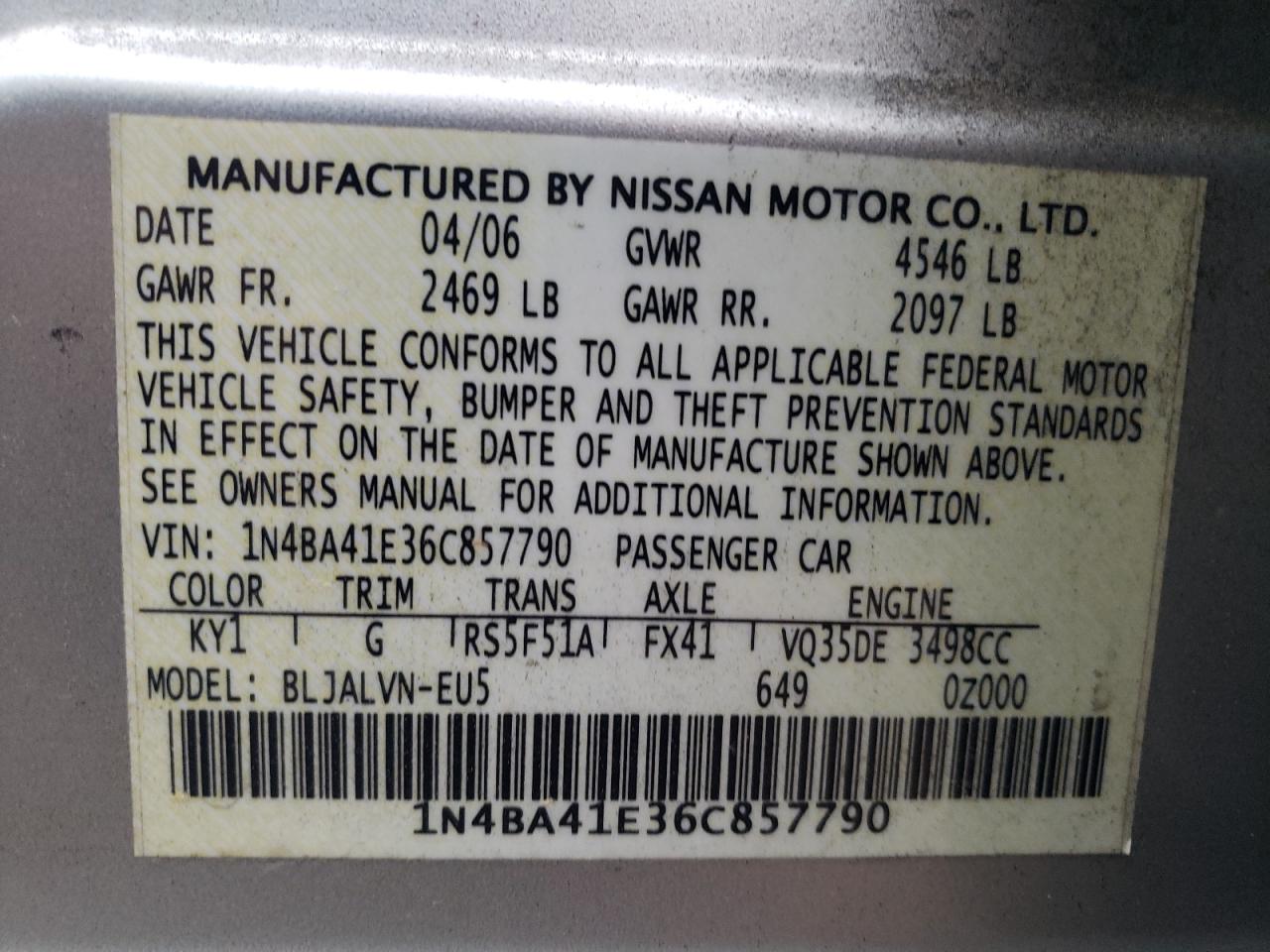 Photo 10 from auction – 2006 NISSAN MAXIMA SE with VIN 1N4BA41E36C857790