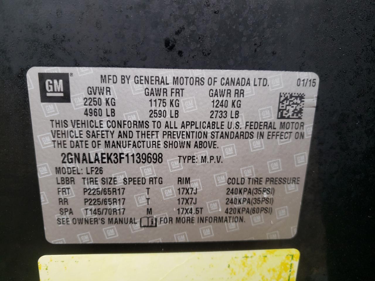 Photo 10 from auction – 2015 CHEVROLET EQUINOX LS with VIN 2GNALAEK3F1139698