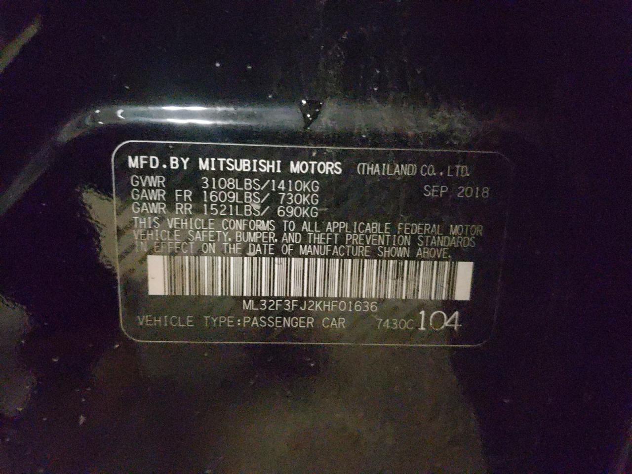 Photo 10 from auction – 2019 MITSUBISHI MIRAGE G4 with VIN ML32F3FJ2KHF01636