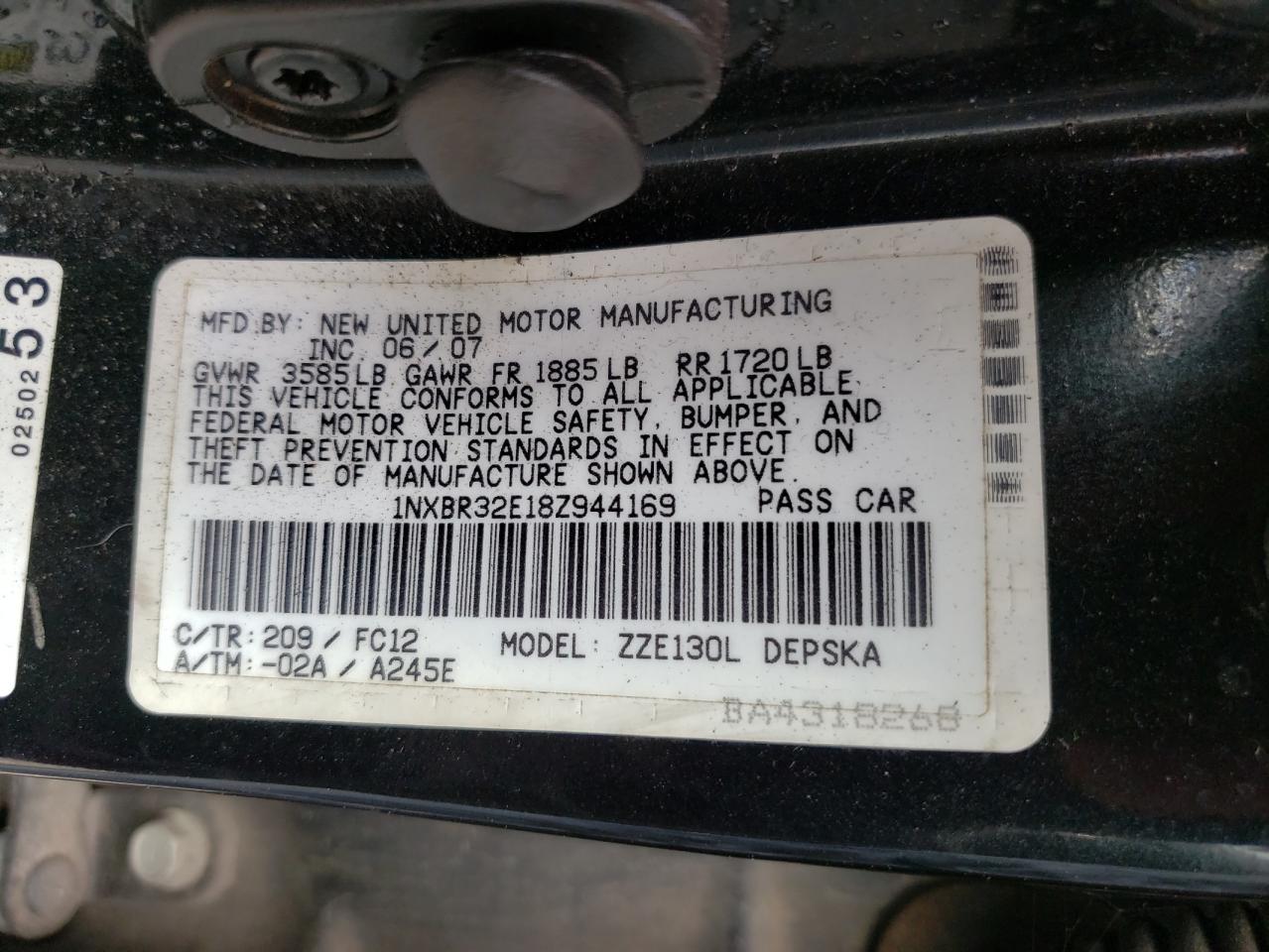 Photo 10 from auction – 2008 TOYOTA COROLLA CE with VIN 1NXBR32E18Z944169
